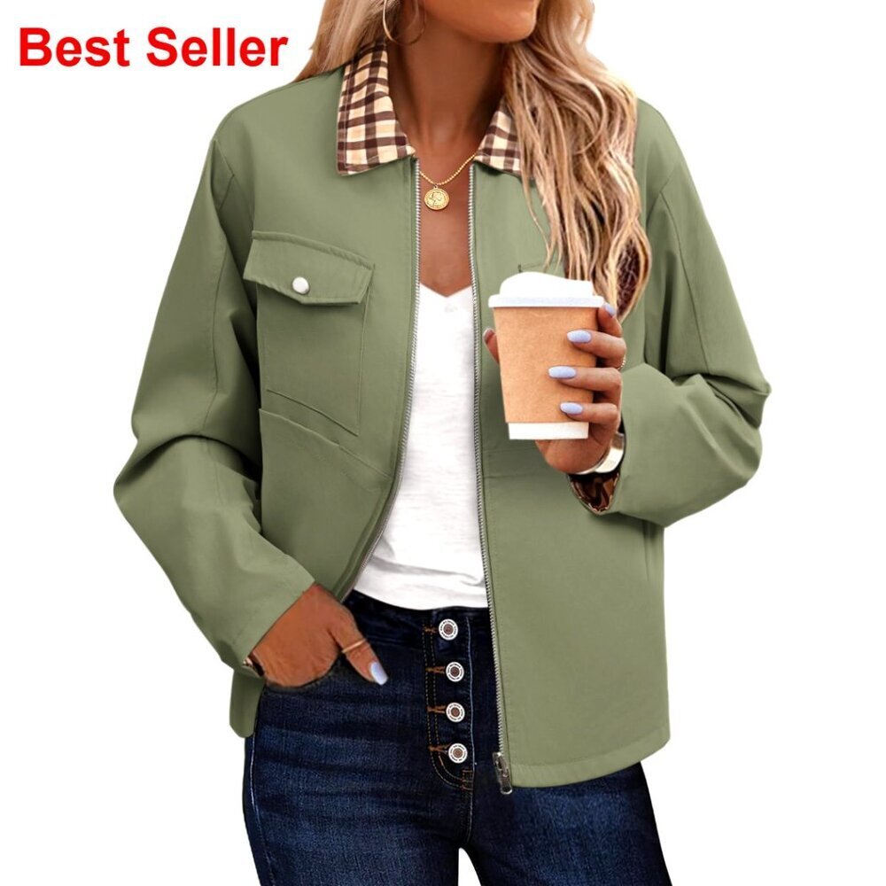 Women's Plaid Lined Zip Up Barn Jacket with Pockets Lightweight Polyester